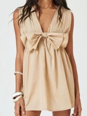 Anthropology Blue Tassel Poplin Sleeveless Beige Bow-Front Mini Dress size L